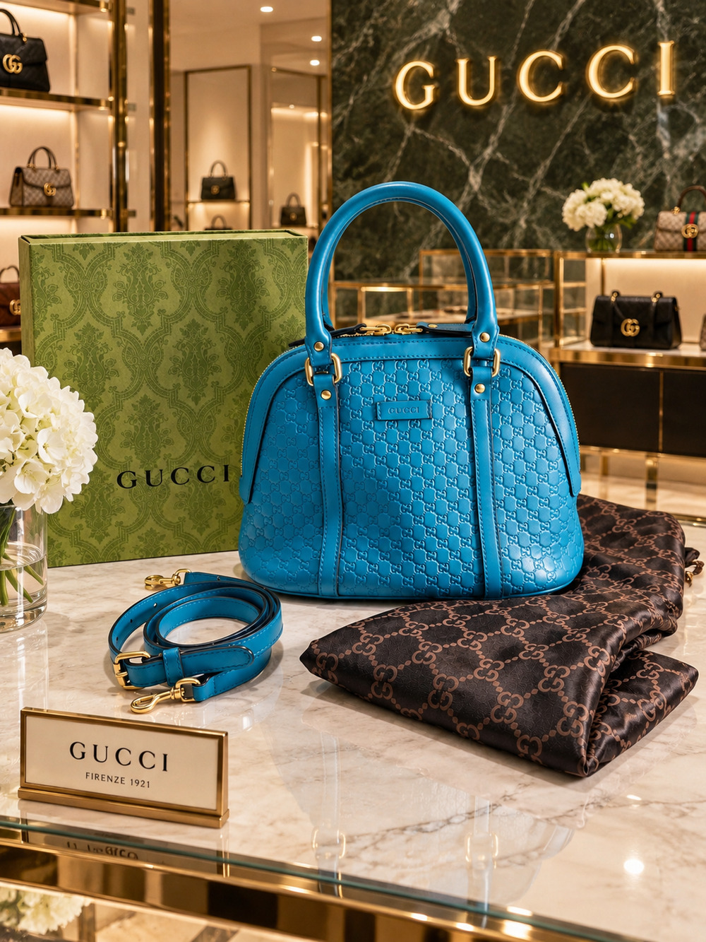 Authentic GUCCI Microguccissima Bree Disco Dome Bag Teal Blue Leather Handbag